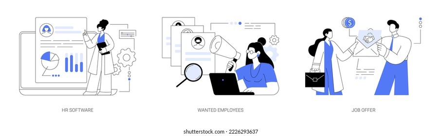 Human resources technology abstract concept vector illustration set. HR software, wanted employees, job offer, working time tracker, we are hiring, staff wanted, permanent contract abstract metaphor.