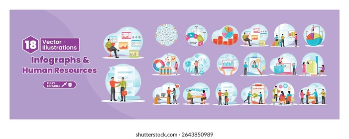 Tema de recursos humanos e infográficos de negócios. Tema de infográficos de recursos humanos e negócios. Uma coleção de ilustrações que descreve a análise de dados, o trabalho em equipe e os recursos humanos. Mega set.