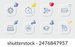 Human resources, Thoughts and Search mail line icons. Buttons with 3d bell, chat speech, cursor. Pack of Video conference, Graduation cap, Bed icon. Timer, Target pictogram. Vector