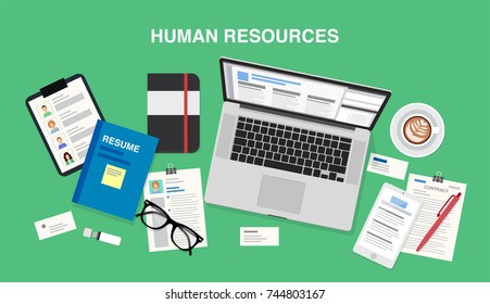 Human resources, top view of a desk with a computer, notepad, coffee cup, resumes, documents, smartphone, pens and pencils. Vector illustration in flat style, template for business