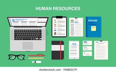 Human resources, top view of a desk with a computer, notepad, resumes, documents, smartphone, pens and pencils. Vector illustration in flat style, template for business