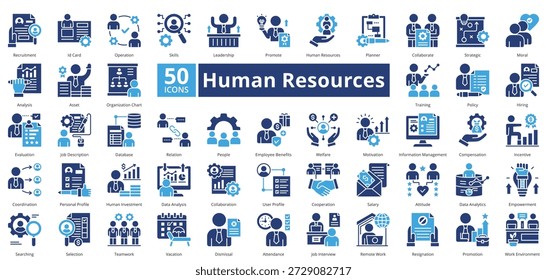 El estilo de dos tonos de Recursos Humanos contiene 50 íconos que incluyen capacitación, políticas, contratación, evaluación, Descripción del trabajo, relación, personas, beneficios para empleados, Vector simple de asistencia social