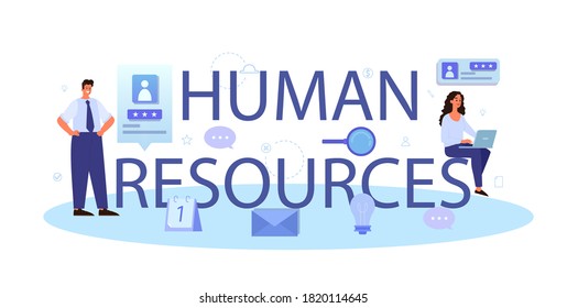 Human resources typographic header. Idea of recruitment and job management. Teamwork management. HR manager occupation. Flat vector illustration