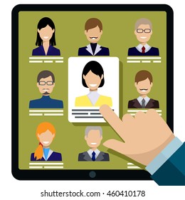 Human resources vector creative flat concept illustration, candidates, photos, resumes, on green background, for posters and banners