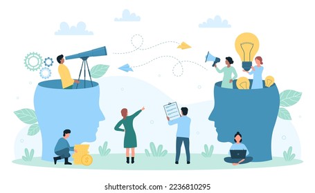 Human resources vector illustration. Cartoon professional tiny HR employees with telescope, light bulbs and megaphone inside abstract heads in search of talent candidates for vacancy and specialists