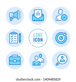 Human resources vector line icons set. Employment, team management, hire employees, send cv, resume outline symbols. Modern simple stroke graphic elements. Round icons
