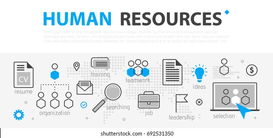 Human resources web banner concept. Outline line business icon set. HR Strategy team, teamwork and corporate organization. Vector illustration Template for sites, presentation