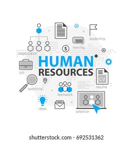 Concepto de banner de recursos humanos en la web. Conjunto de iconos de línea de negocio de esquema. Equipo de Estrategia de Recursos Humanos, trabajo en equipo y organización empresarial. Plantilla de ilustración vectorial para sitios, presentación