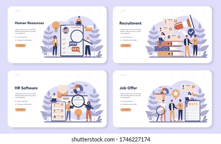 Human resources web banner or landing page set. Idea of recruitment and job management. Teamwork management. HR manager occupation. Flat vector illustration