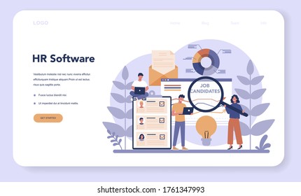 Banner web de recursos humanos o página de inicio. Idea de contratación y gestión de empleo. Gestión del trabajo en equipo. Ocupación del gerente de recursos humanos. Ilustración vectorial plana