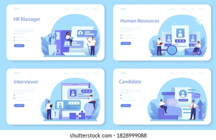 Human resources web banner or landing page set. Idea of recruitment and job management. Teamwork management. HR manager occupation. Flat vector illustration