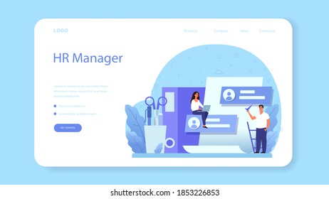 Human resources web banner or landing page. Idea of recruitment and job management. Teamwork management. HR manager occupation. Flat vector illustration
