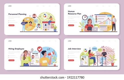 Banner web de recursos humanos o página de inicio. Idea de contratación y gestión de empleo. Planificación y gestión del personal. Ocupación del gerente de recursos humanos. Ilustración vectorial plana
