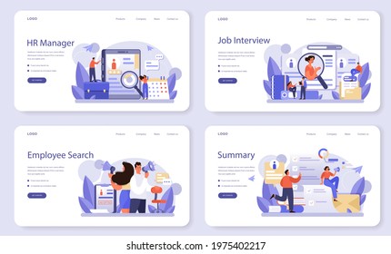Human resources web banner or landing page set. Idea of recruitment and job management. Teamwork management. HR manager occupation. Flat vector illustration