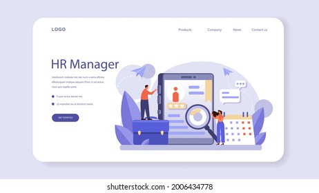 Human resources web banner or landing page. Idea of recruitment and job management. Teamwork management. HR manager occupation. Flat vector illustration