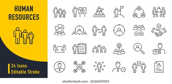 Human resources web icons in line style. Headhunting, career, resume, work group, candidate, job hiring, collection. Vector illustration.	