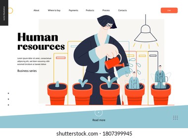 Human resources, web template, header. Flat style modern outlined vector concept illustration. HR manager, watering flower pots with growing managers in them. Business metaphor.