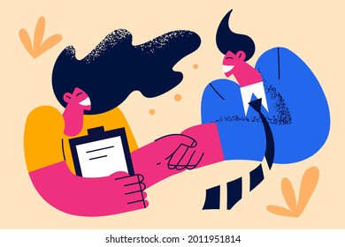 Human resources, welcoming new worker concept. Businessman standing shaking hand to new worker girl candidate applicant in office vector illustration