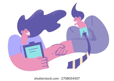 Human resources, welcoming new worker concept. Businessman standing shaking hand to new worker girl candidate applicant in office vector illustration