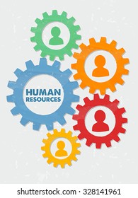 human resources words and colored person signs in grunge flat design gear wheels, business concept, vector