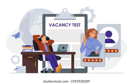Human resources worker. Man evaluates candidates for vacancy. HR manager analyze employee resumes. Ranking and rating. Headhunter and recruiter. Flat vector illustration