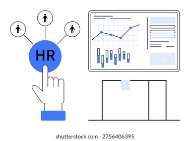 Human resources, workforce analytics, talent management, recruitment, business processes, modern technology. Hand selecting HR icon with data and charts on screen. Human resources and workforce