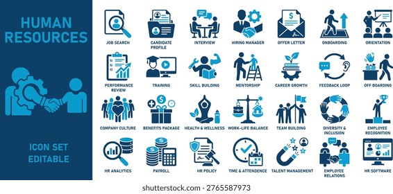 Human Resources and Workforce Management solid icon set. Featuring Recruitment Onboarding Training Performance Review Payroll Benefits Employee Engagement and HR Analytics. Editable vector icons for business presentations and HR software.