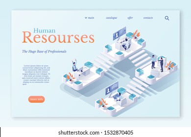 Human resourses isometric vector web page template. Company personnel 3D cartoon characters. Head hunting, human resources department. Recruiter hires new employee, Agents search for candidates