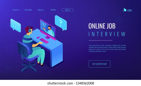 Human resourses manager interviewing a job candidate at computer online, tiny people. Online job interview, web testing, online examination concept. Isometric 3D website app landing web page template
