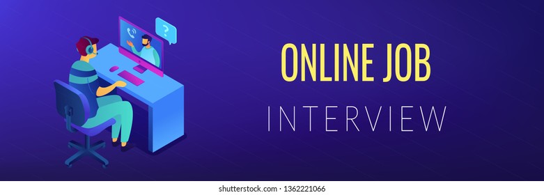 Human resourses manager interviewing a job candidate at computer online, tiny people. Online job interview, web testing, online examination concept. Isometric 3D banner header template copy space.
