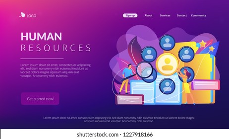 Human resourses managers doing professional staff research with magnifier. Human resources, HR team work and headhunter service concept. Website vibrant violet landing web page template.