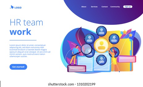 Human resourses managers doing professional staff research with magnifier. Human resources, HR team work and headhunter service concept. Website vibrant violet landing web page template.