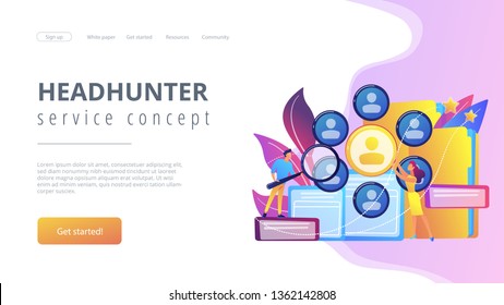 Human resourses managers doing professional staff research with magnifier. Human resources, HR team work and headhunter service concept. Website vibrant violet landing web page template.
