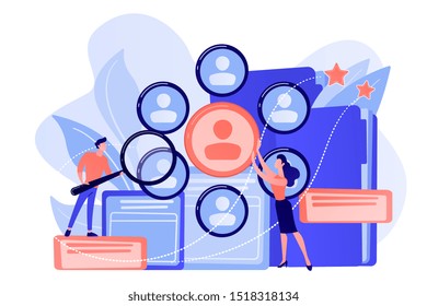 Human resourses managers doing professional staff research with magnifier. Human resources, HR team work and headhunter service concept. Pink coral blue vector isolated illustration