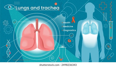 Human respiratory organs. Lungs and trachea. Medical diagnostics. Modern human treatment. Innovative technologies in healthcare. Vector illustration.