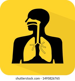 Human respiratory system. Medical lungs. Inhaler windpipe throat. Cough. Flat 3D shadow design. yellow background black vector. product brand service label banner board display. App icon.