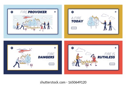 Human Responsibility, Nature Protection Website Landing Page Set. Firefighters. Volunteers Fight with Fire in Forest Saving Trees and Animals Web Page Banner. Cartoon Flat Vector Illustration Line Art
