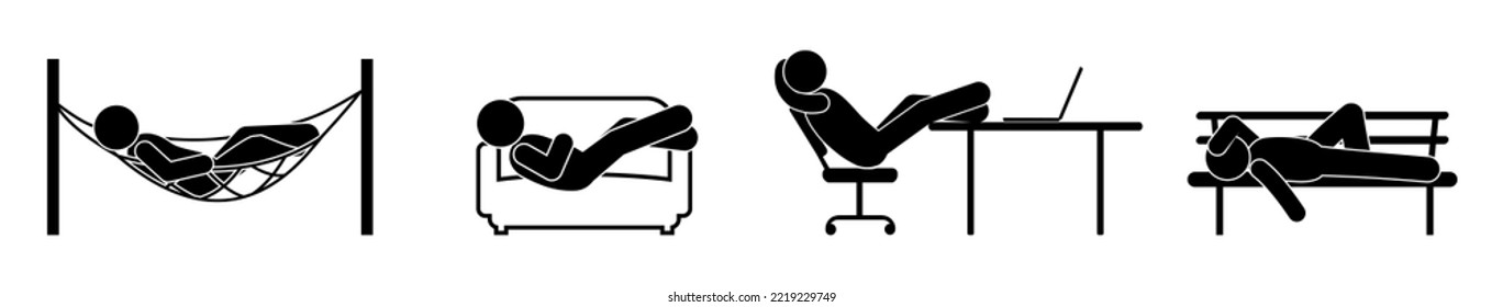 human rest illustration, people sleep in hammock, sofa, bench and desktop, stick figure icons, human silhouettes set