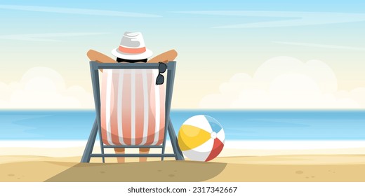 Human rest over sun lounger with plastic ball on sand beach, Digital marketing illustration.