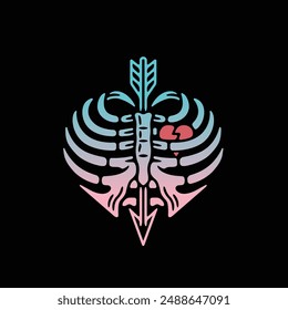 Human rib cage with heart and arrow. Love and death vector. Vintage print