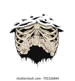 Human rib cage with white roses in retro vintage style. Design template for tattoo, print, cover. Vector illustration.