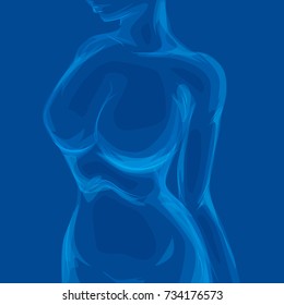 Human rib cage in X-ray image concept. Woman Body. Blue countour.