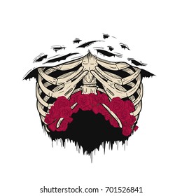 Human rib with red roses in retro vintage style. Design template for tattoo, print, cover. Vector illustration.