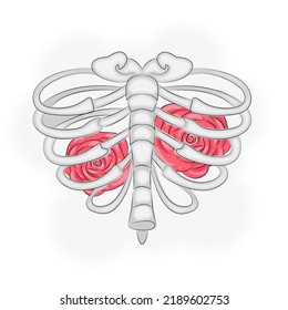 Human ribs with heart-shaped roses for Halloween vector illustration