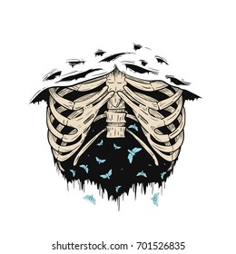 Human ribs or rib cage with flying moths in retro vintage style. Design template for tattoo, print, cover. Vector illustration.
