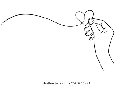 Human right arm holding heart line continuous drawn. Hand hold heart in line style. Vector illustration isolated on white