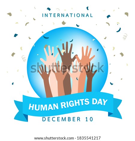 Human right day concept. International peace. Different skin colors hands raised on banner with confetti. Equality awareness icon. Freedom symbol. Cartoon flat on white background.Vector illustration.
