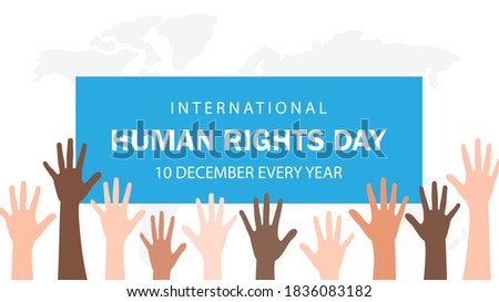 Human right day concept. International peace. Different skin color hands were raised on the world map. Equality awareness icon. Freedom symbol. Cartoon flat on white background. Vector illustration.
