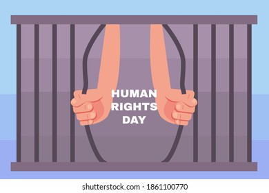 Human Right Day vector concept: Prisoner hands open the jail bar with Human Right Day text