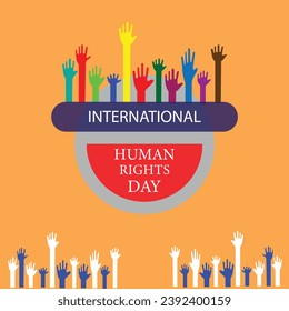 Human right day.International peace. Different skin colors hands raised on banner and poster.  Equality awareness icon symbol. Cartoon flat on different background.Vector illustration eps file.